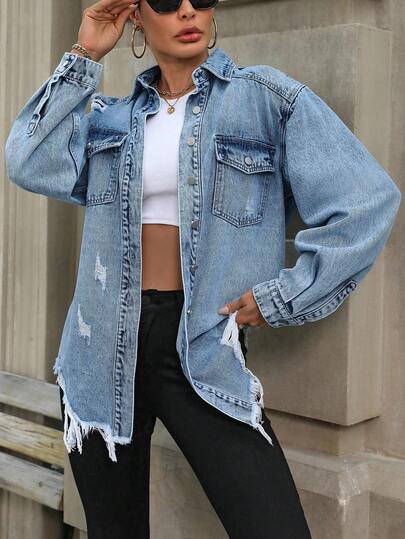 EURMUSE Women's Casual Fashion Street Style Flap Pocket Distressed Oversized Denim Jacket, Spring/Autumn