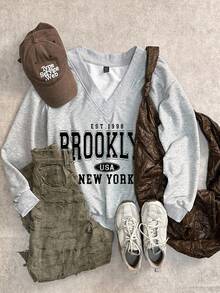 Attitoon 女士V领宽松休闲卫衣，适合初秋，美式学院风，布鲁克林印花 - 灰色 - 查看 2