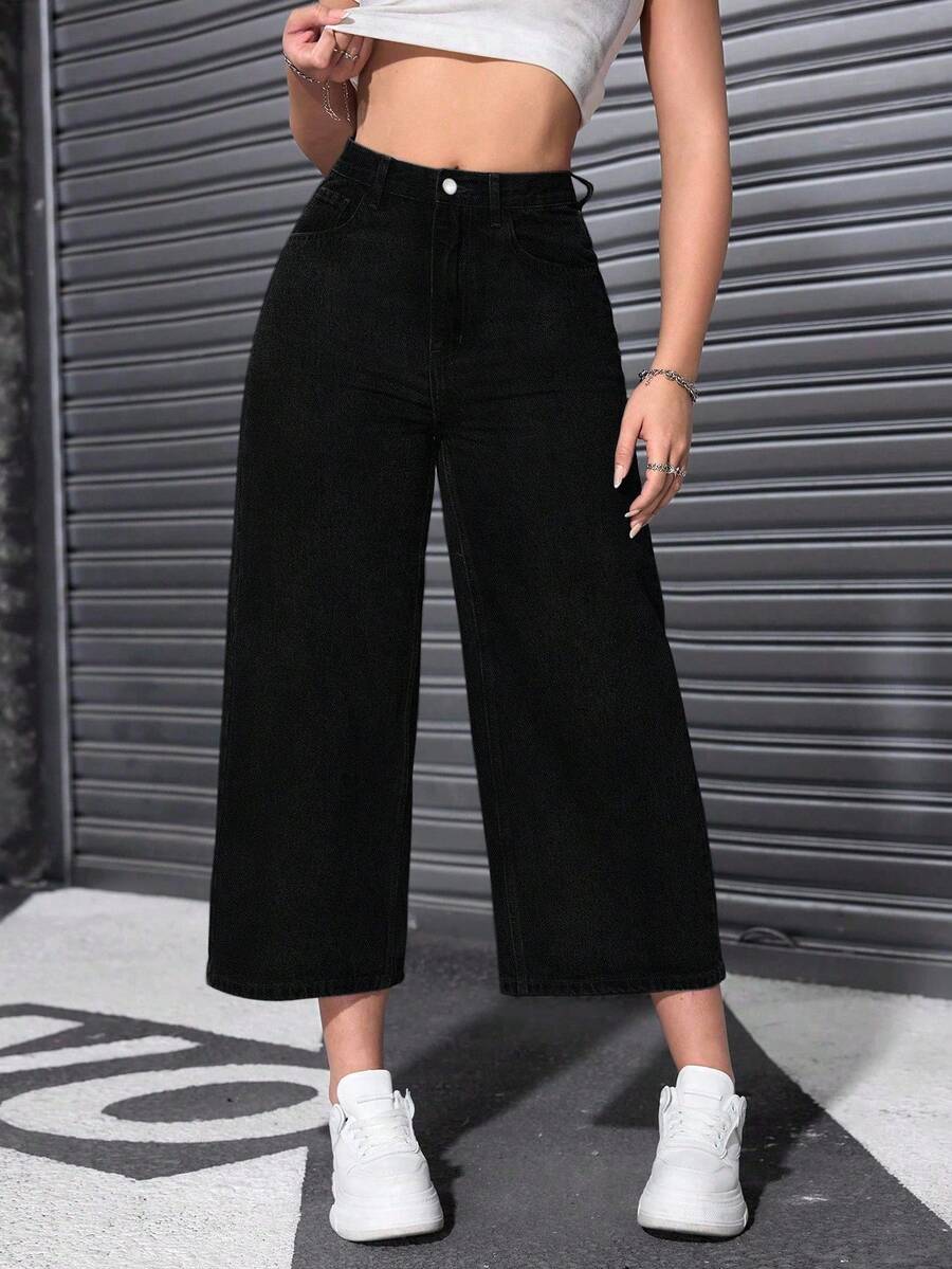 SHEIN ICON 冬季加大码女式经典时尚阔腿牛仔裤 - 黑色 - 查看 1