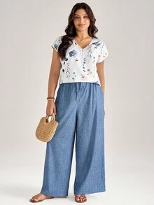 Comfylo Women White Summer Casual Flowy Everyday V-Neck Floral Print Top & Pants Set,Plus Size Vacation Resort Outfits,Chic Work Office Clothes,Streetwear - Multicolor - View 8