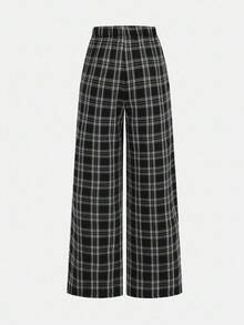 SHEIN Teen Girls' Plaid Thermal Lined Casual Sweatpants Plaid Pants Checkered Pants Teen Baggy Pants Black And White Plaid Pants Loose Pants Fall Winter - Black and White - View 2