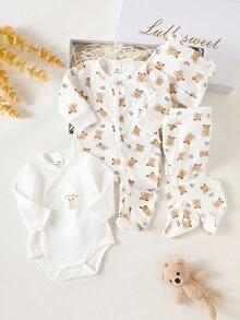 SHEIN 4 件套新生儿礼品套装，可爱小熊印花连体衣，纯白色连脚连体衣，帽子，中性男女通用婴儿服 - 白色 - 查看 1