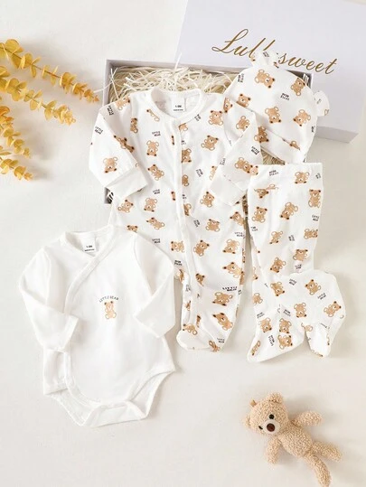 SHEIN 4-delars presentset för nyfödda, söt björnmönstrad sparkdräkt, vit överall med fötter, mössa, neutral unisex babysäng