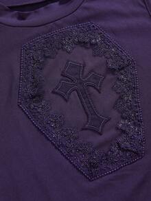 ROMWE J-Fashion Women's Round Neck Cross Net Mesh Patchwork Embroidery Pattern Fashionable Versatile Party & Holiday Camisole - Purple - View 3