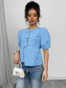 SHEIN Unity 女式夏季泡泡袖蝴蝶结衬衫 - 藍色 - 查看 3