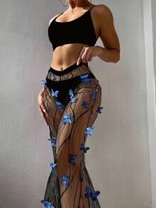 SHEIN Swim 2025 Bikini Set: Butterfly Decor Mesh Cover-Up, Pants, 3pcs Swimsuit - Black - View 1