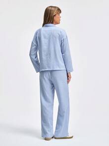 LOUNGEISTA 2pcs/Set Women's Striped Button-Front Long Sleeve Pajamas With Straight Leg Elastic Waist Pants, Home Wear,Two Pieces Set, Light Blue Pajamas, Fall Clothes - Blue - View 2