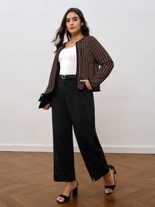 SHEIN Clasi 秋季大码女式千鸟格印花长袖开襟休闲夹克 - 棕色 - 查看 6