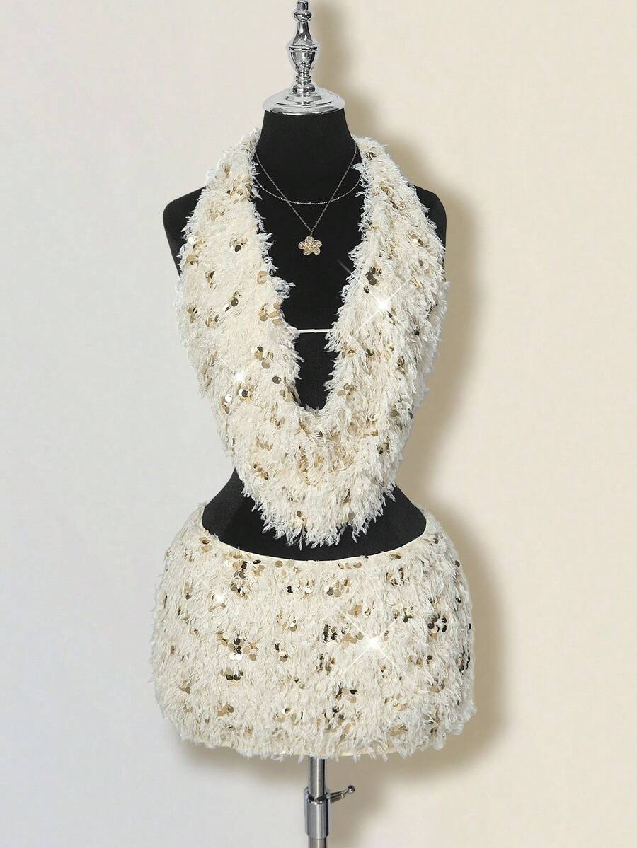 SHEIN ICON Women's Beige Homecoming Fluffy Birthday Glitter Party Sexy Sequin Backless Halter Top And Mini Skirt 2 Pieces Set, Summer - Apricot - View 1