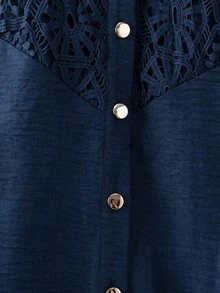 EMERY ROSE Women's Loose Casual Mesh Patchwork Turndown Collar Long Sleeve Shirt + Loose A-Line Skirt Plus Size 2 Pieces Set, Autumn/Winter Fall Cloth For Women - Blue - View 3