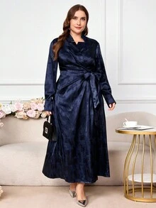 Modelyn Women's Long Sleeve Tie-Front Jacquard Elegant Party & Commute Dress, Plus Size Fall Cloth For Women