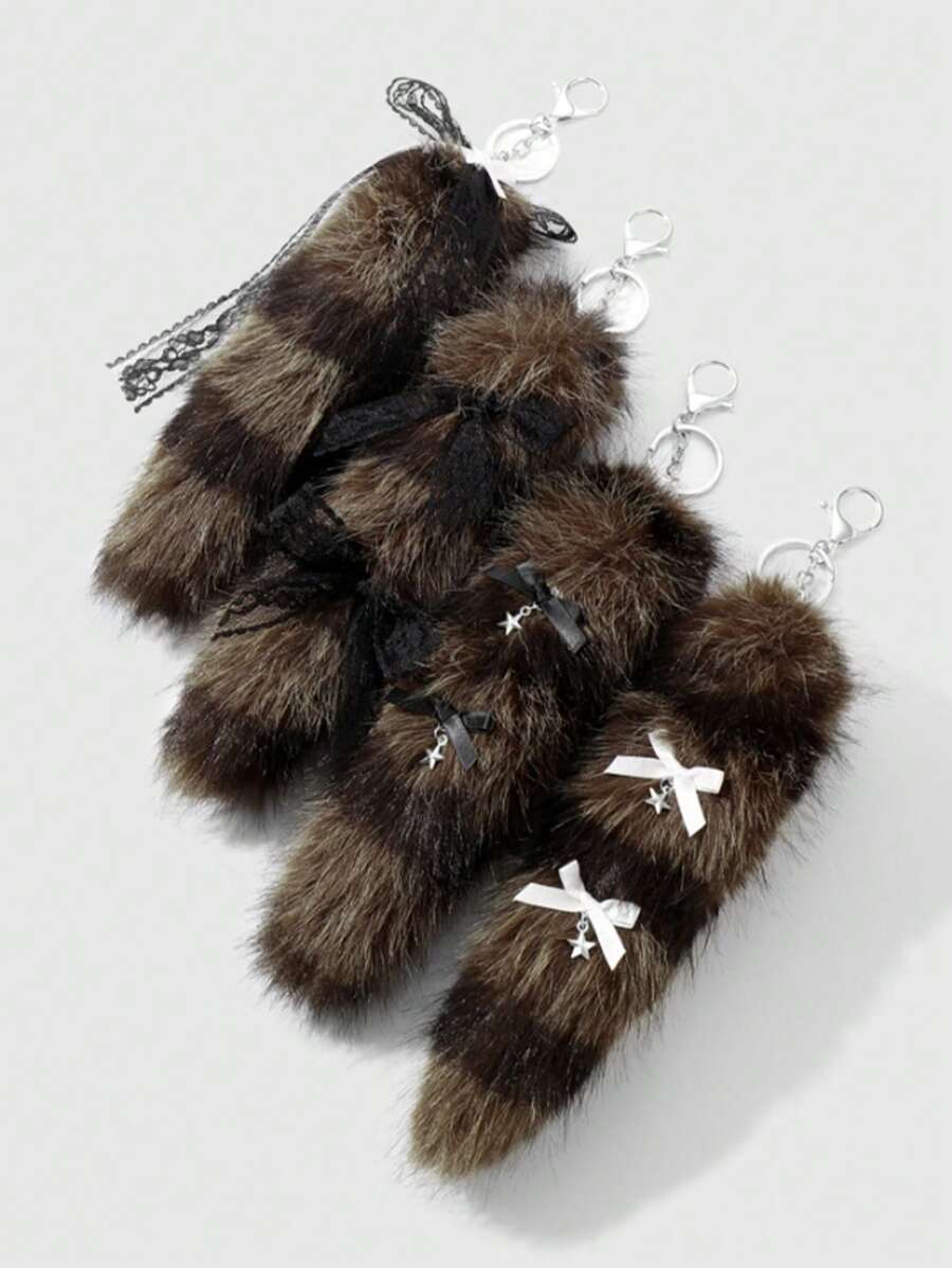 ROMWE Goth 1pc Y2K Retro Chic Cute Minimalist Sophisticated High-Quality Animal Print Series Brown Faux Fur Anime Fox Tail With Black Lace Bow, Star Decor DIY Keychain Bag Charm, Suitable For Cosplay, Daily Wear, Holiday Gift For Women
