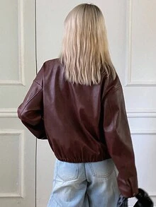 DAZY 秋冬新款宽松休闲PU酒红色女式夹克外套皮夹克 - 紅色 - 查看 4