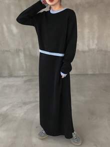 FRIFUL 女式海军蓝纯色撞色领子拼接针织毛衣裙，带吊带，两件套机场旅行装，秋季 - 黑色 - 查看 2