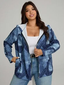 Comfylo Quần áo mùa đông cỡ lớn mùa thu thường ngày vá & áo khoác hoodie màu xanh in có khóa kéo có túi - Nhiều màu - Xem 4