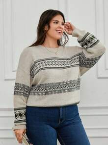 EURMUSE 大码拼色提花休闲圆领套头衫 - 彩色 - 查看 3