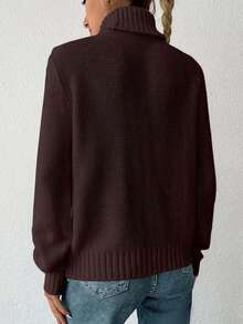 EURMUSE Women's Casual Solid Color Turtleneck Sweater, Autumn/Winter - Coffee Brown - View 2
