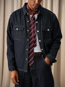 Manfinity Homme 男士长袖休闲商务水洗牛仔衬衫，春秋季送给男友和老公 - 深色水洗藍 - 查看 7