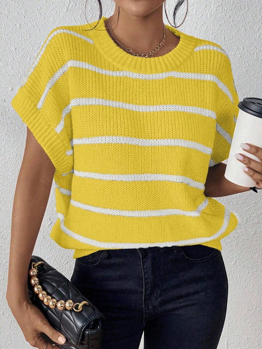 EMERY ROSE Contrast Stripe Batwing Sleeve Loose Knit Sweater - Yellow - View 1