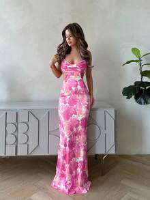 Jemour 女士优雅花卉印花露背连衣裙 - 淺粉色 - 查看 6