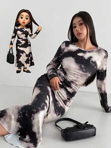 Aidyla Women's Autumn Knitted Tie Dye Print Long Sleeve Bodycon Elegant Going Out Date Vintage Style Maxi Wrap Dress, Black Fall Cloth For Women - Multicolor - View 7
