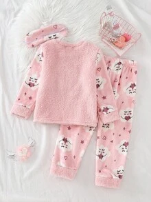 2件套少女白云字母刺绣袖拼布满印花云朵图案法兰绒加厚睡衣套装，可爱款，粉色，秋冬 - 粉色 - 查看 2