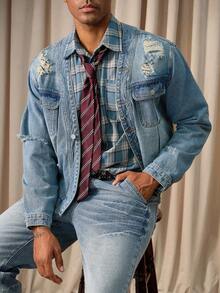 Manfinity Homme Plus Size Men's Light Blue Distressed Ripped Denim Jacket, Fall - Light Wash - View 4