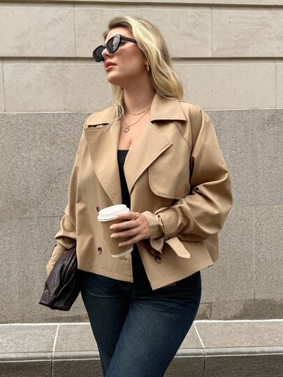 Enliva Plus Size Women's Autumn And Winter Fashion Casual Loose Comfortable Daily Basic Versatile Classic Khaki Short Windbreaker Jacket,Fall Outfits,Simle Style,Winter Coats, For Apple Rounded Body Shape