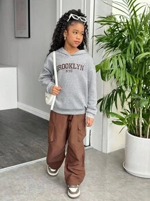 2 件套青少年女孩休闲运动服，宽松长袖连帽运动衫 + 宽松工装裤套装，秋冬日常运动装 - 彩色 - 查看 4