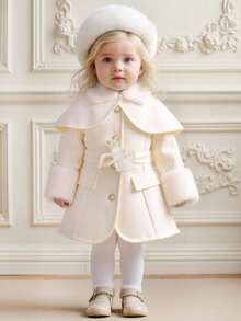 SHEIN 女婴休闲可爱拼布人造毛皮腰带斗篷大衣，节日装 - 白色 - 查看 1