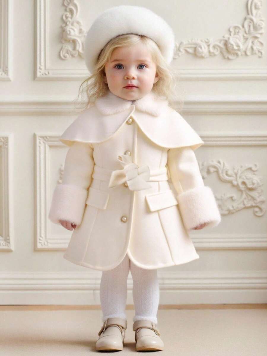 SHEIN 女婴休闲可爱拼布人造毛皮腰带斗篷大衣，节日装 - 白色 - 查看 1