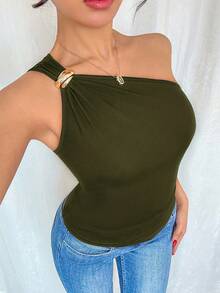 Rafferiza Women's Black Sexy Metallic Pleated Sleeveless Bodysuit - Army Green - View 7