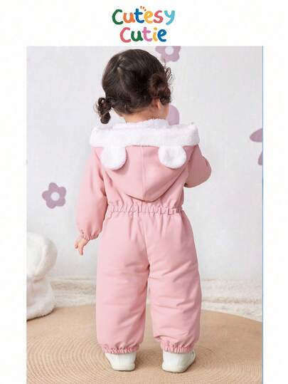 SHEIN Baby Girl Corduroy Thermal Hooded Jumpsuit, Thermal Lined, Thickened, Color Block, Autumn/Winter Baby Girl Winter Jumpsuit Baby Girl Jumpsuit Winter Baby Girl Outfit Winter Overall Baby Girls Winter Outfit Toddler Winter Jumpsuit Fall
