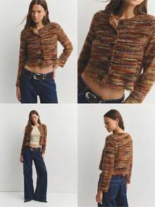 Nöista Noista 纹理多色针织开衫采用棕色、橙色和黑色的温暖秋季色调，短款剪裁，圆领，非常适合休闲、办公室、波西米亚风和秋季女装。