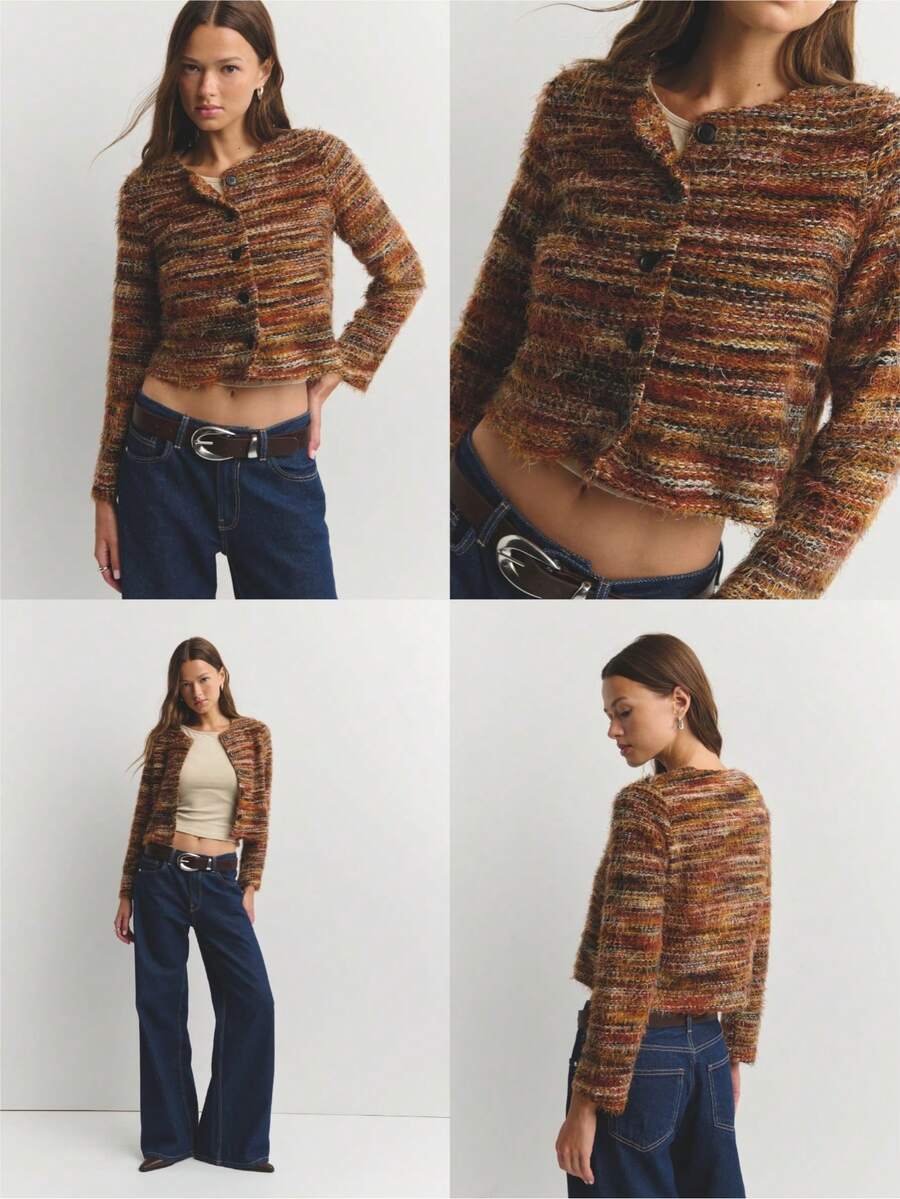 Nöista Noista 纹理多色针织开衫采用棕色、橙色和黑色的温暖秋季色调，短款剪裁，圆领，非常适合休闲、办公室、波西米亚风和秋季女装。