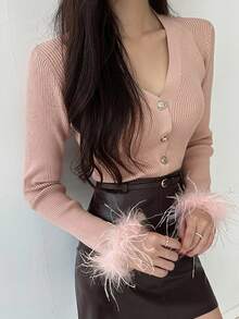 DAZY Chic V-Neck Fuzzy Sleeve Cardigan For Women, Slim Fit & Flattering Fall/Winter - Pink - View 1