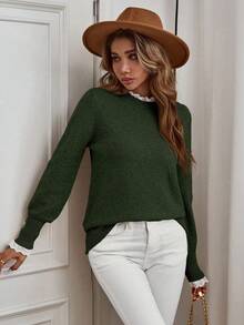 EMERY ROSE Áo len dài tay cổ bẻ viền bèo nhún màu tương phản thanh lịch - Màu xanh lá cây đậm - Xem 3