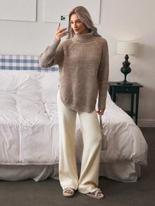 Louniche Turtleneck Raglan Sleeve Sweater,Long Sleeve Tops - Khaki - View 3