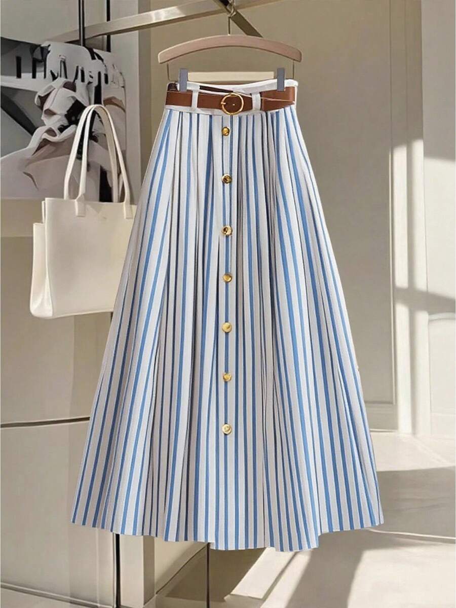 Franclia Váy Maxi xếp ly thời trang thường ngày đa năng cạp chun kèm thắt lưng da nâu - Màu xanh lam - Xem 1