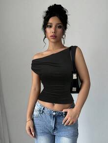 SHEIN Unity Top Corto Para Mujer Con Cuello Asimétrico - Negro - Ver 5