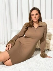 Auralis Vestido casual de otoño e invierno para mujer de talla grande, vestido de felpa caqui, vestido largo y abultado cálido, vestido casual, vestido elástico y cómodo de talla grande - Caqui - Ver 6