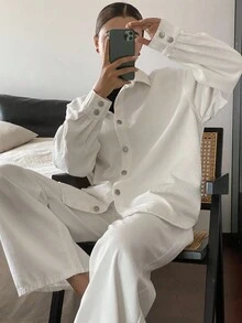 Livesso 女士宽松白色上衣和休闲牛仔裤套装 - 白色 - 查看 7