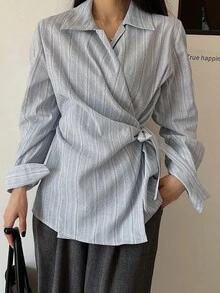 Livesso Women's Autumn Oblique Collar Tie-Up Striped Casual Shirt Long Sleeve Top
