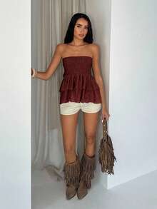 Glamine Textured Pleated Fabric Elastic Bandeau Top With Ruffle Hem Tube Top Shirred Tube Top - Redwood - View 3