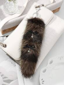 ROMWE Goth 1pc Y2K Retro Chic Cute Minimalist Sophisticated High-Quality Animal Print Series Brown Faux Fur Anime Fox Tail With Black Lace Bow, Star Decor DIY Keychain Bag Charm, Suitable For Cosplay, Daily Wear, Holiday Gift For Women