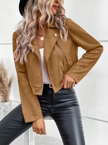 EMERY ROSE Women's Faux Suede Motorcycle Jacket - Khaki - View 7