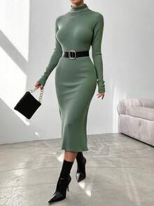 RueChic Của phụ nữ Màu thuần Cổ cao Đồ đan Ribbed Váy len bó sát , Không có Eo Thắt lưng - màu xanh lá - Xem 4