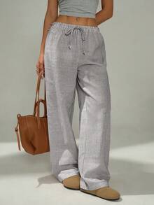 SHEIN PETITE 娇小女士粉色和白色休闲家居条纹长裤适合春夏季 - 彩色 - 查看 5