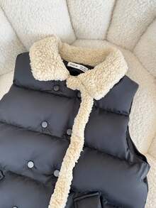SHEIN Tween Girl Button Decor Solid Color Sleeveless Padded Coat,Casual & Versatile Black Winter Modest Puffer Vest For Date,School,Travel & Daily Wear - Black - View 6