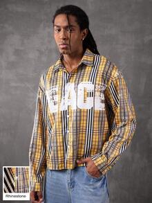 PAVTROS Manfinity Streetrush Men's Yellow Plaid Creative Letter Pattern Rhinestone Embellished Long Sleeve Shirt,Rhinestone,Halloween,Halloween Party,Streetwear Peace Shirt Graphic Shirt Men Vintage Shirt Yellow Plaid Shirt Men Streetwear Shirt, Fall